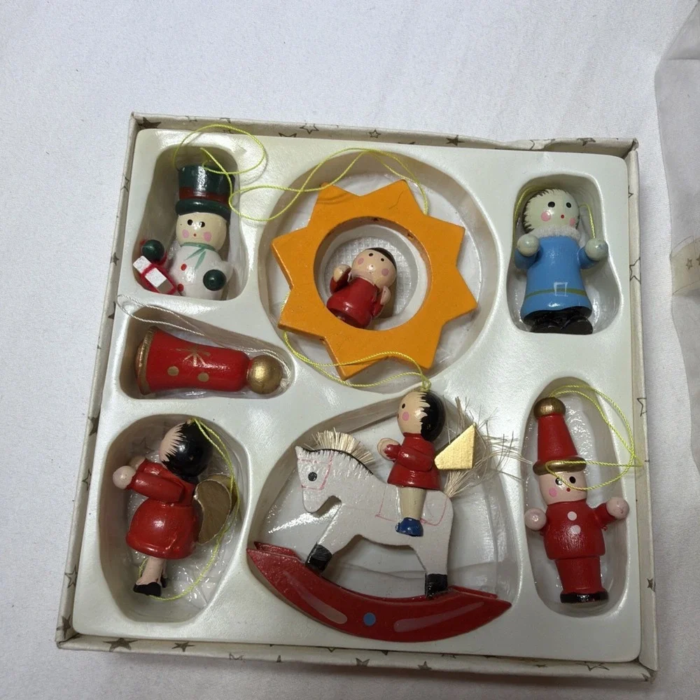 VINTAGE Lot of 7 Mini Painted Wooden Christmas Tree Ornaments SNOWMAN ANGEL